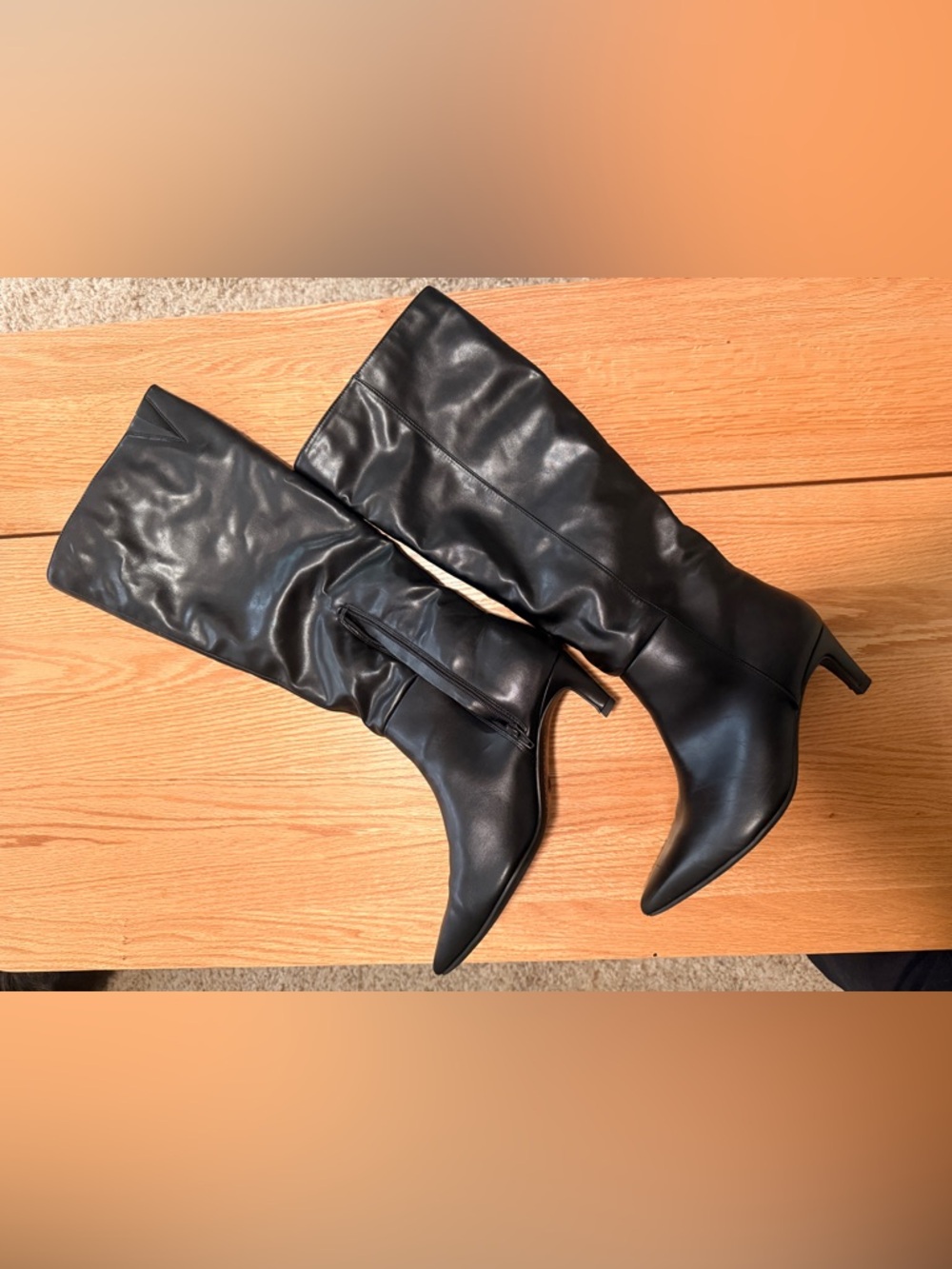 Black Knee High Heeled Boots Size 10 Pointed Toe Side Zip